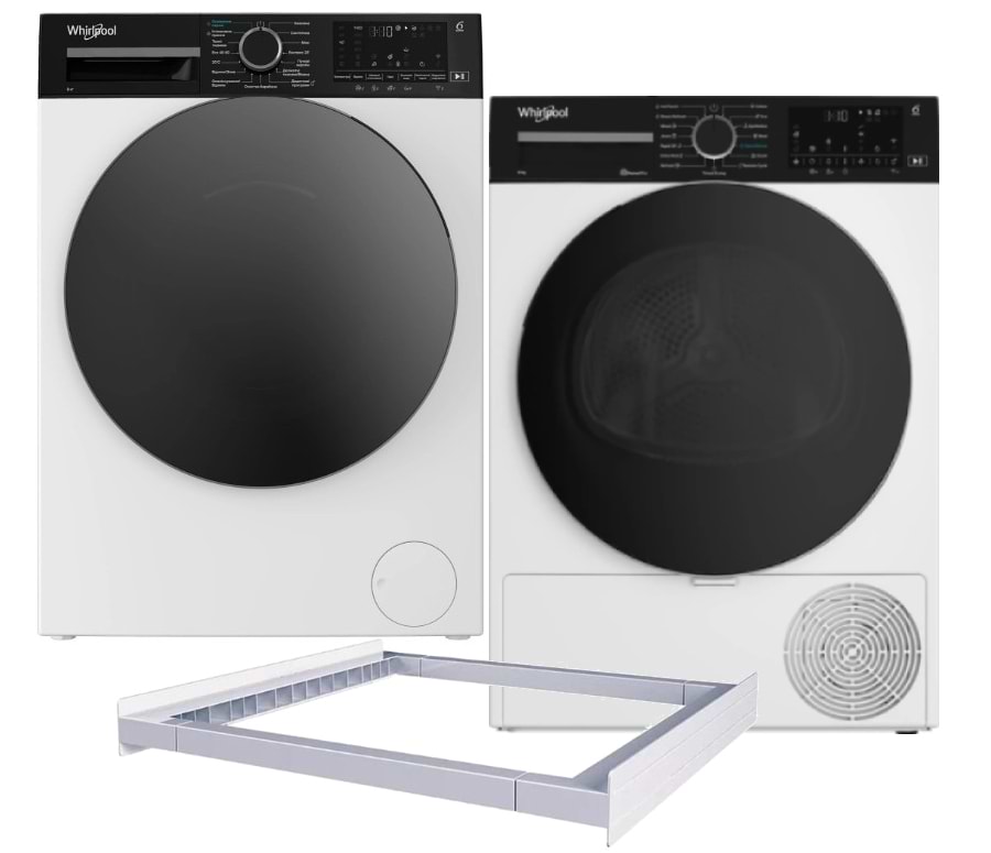 Комплект техніки Whirlpool Пральна машина з фронтальним завантаженням + Сушильна машина + Комплект кріплень для встановлення в колону Whirlpool WAM 87WBC UA + WP B8X WBS UA + Iniversal Basic Stacking Kit FG (KCL103)